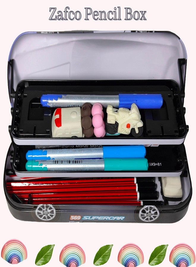 ZAFCO Metal Pencil Box for Boys | Compass for Kids | Pen Box for Students | Geometry for School | Car Theme | Birthday Return Gift 1 Unit (Black) - Image 4
